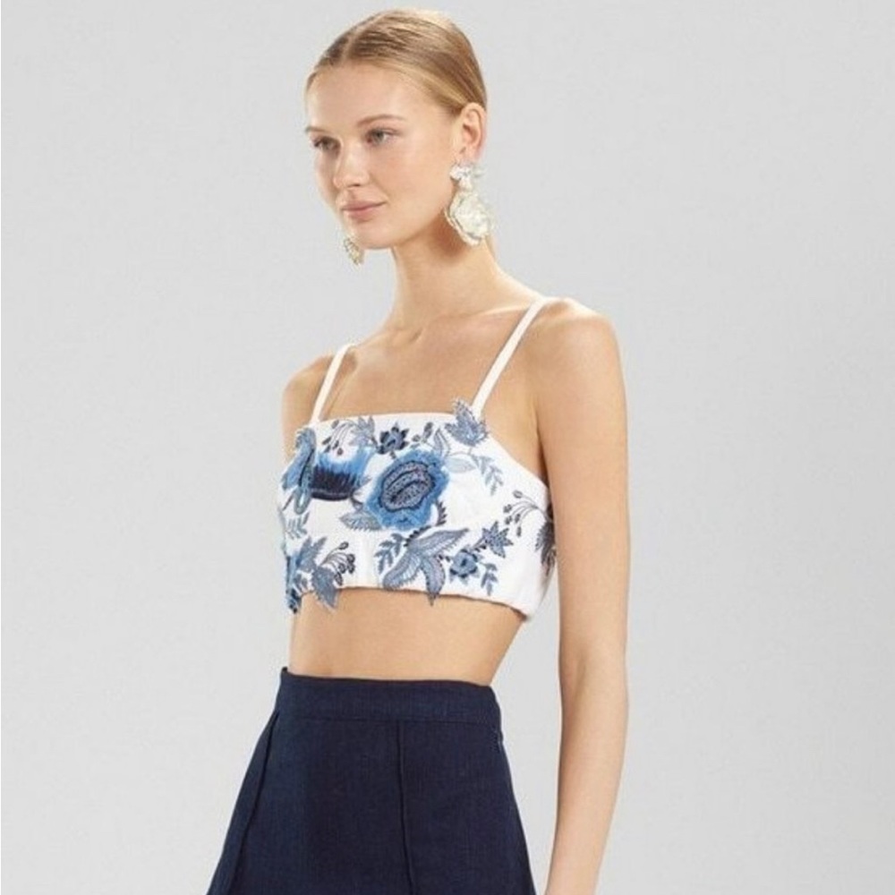 Josie Natori White Denim Bandeau Crop Top Blue Floral Embroidery Size Large